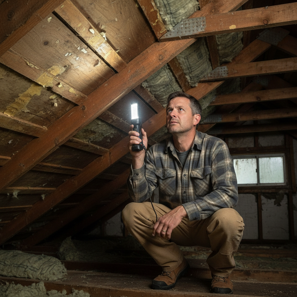 Homeowner inspecting attic roof deck with a flashlight for water stains and mold