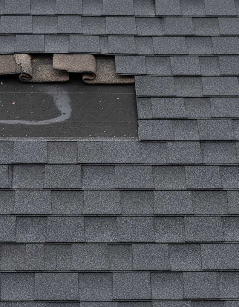Visible water damage on attic insulation from a roof leak