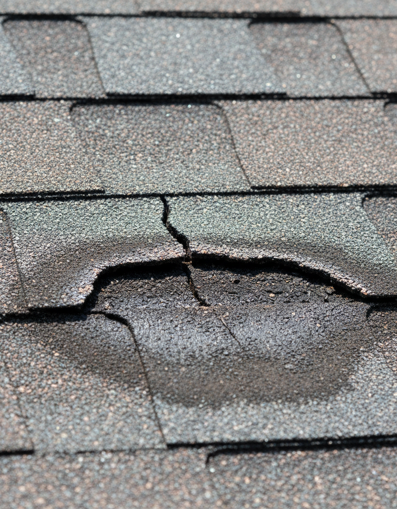 Close-up of a damaged asphalt shingle with granular loss, a key indicator of an early roof leak.