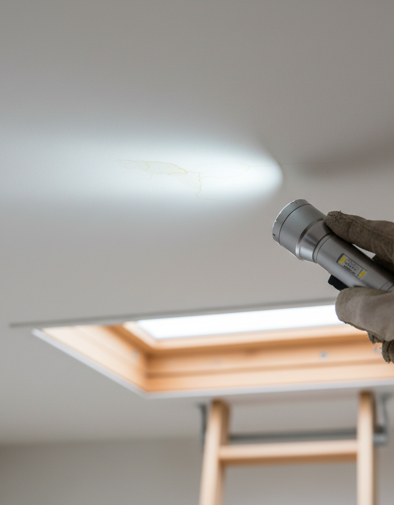 Contractor pointing out a small, subtle water stain on a ceiling, indicating an early roof leak.