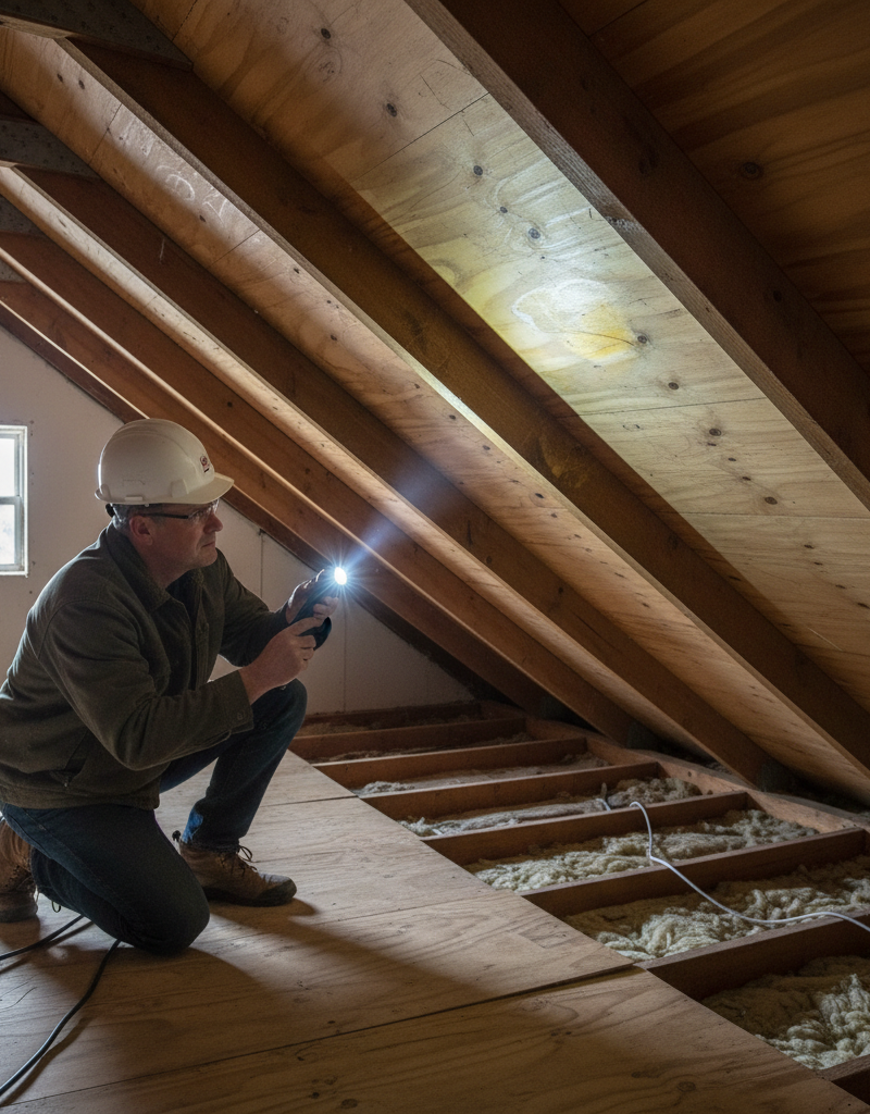Homeowner inspecting attic rafters for water stains with a flashlight, looking for roof leaks.