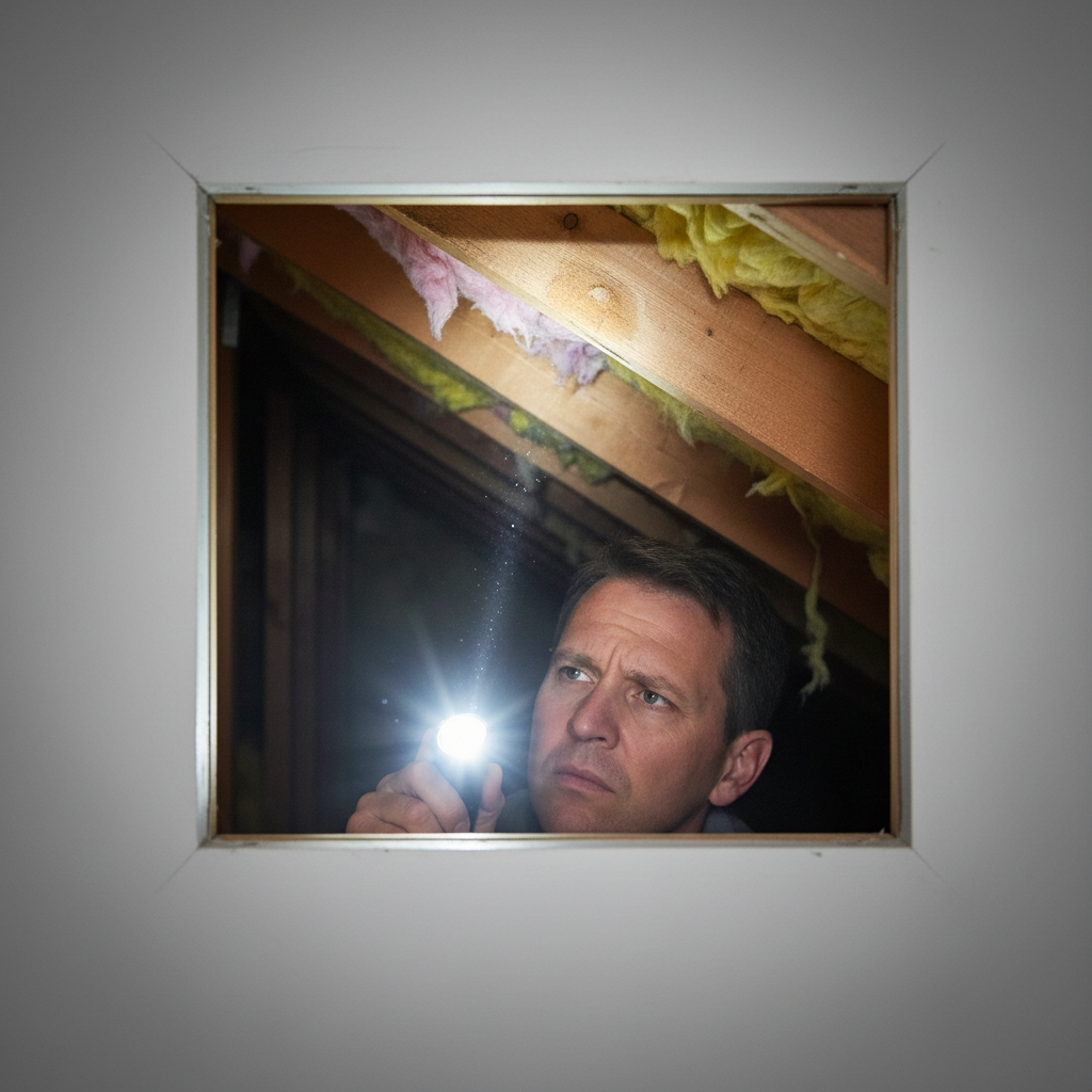 Homeowner inspecting attic rafter with a flashlight for early signs of a roof leak, looking for faint water stains.
