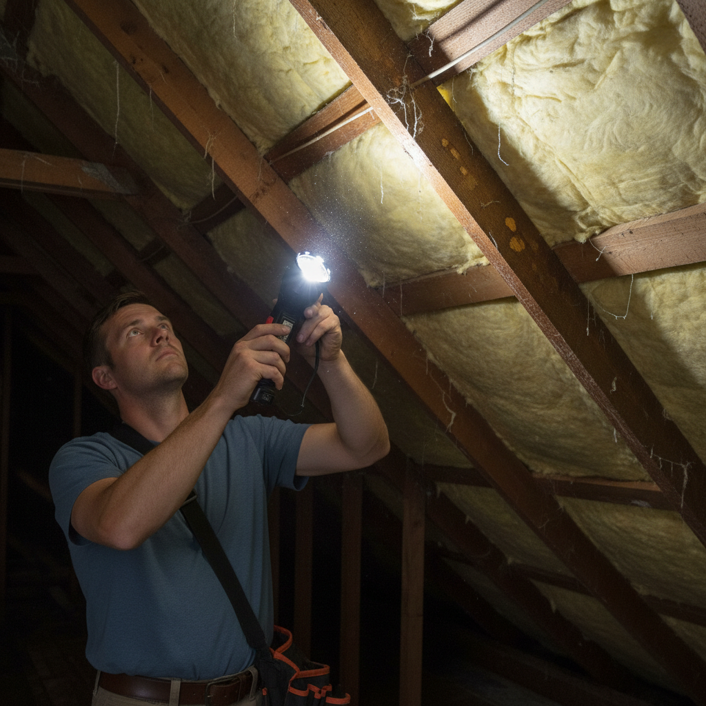 Homeowner inspecting attic rafters and insulation with a flashlight for early signs of a roof leak, such as water stains or dampness.