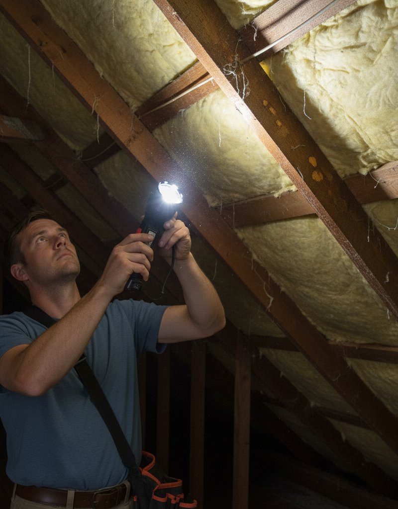 Homeowner inspecting attic rafters and insulation with a flashlight for early signs of a roof leak, such as water stains or dampness.
