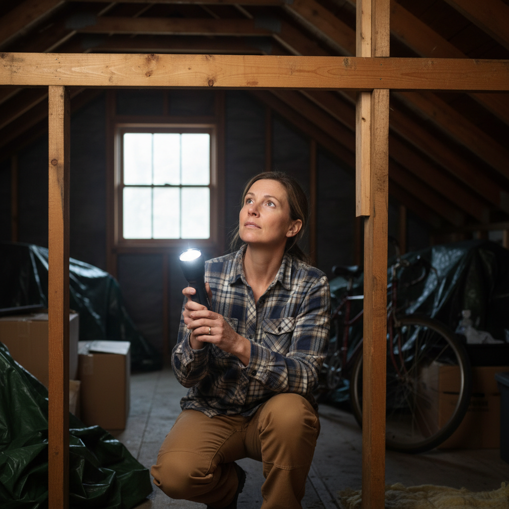 Homeowner inspecting attic rafters with a flashlight for early signs of a roof leak.