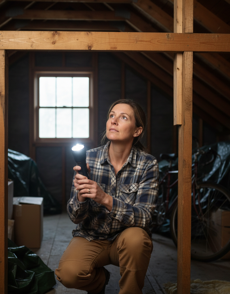 Homeowner inspecting attic rafters with a flashlight for early signs of a roof leak.