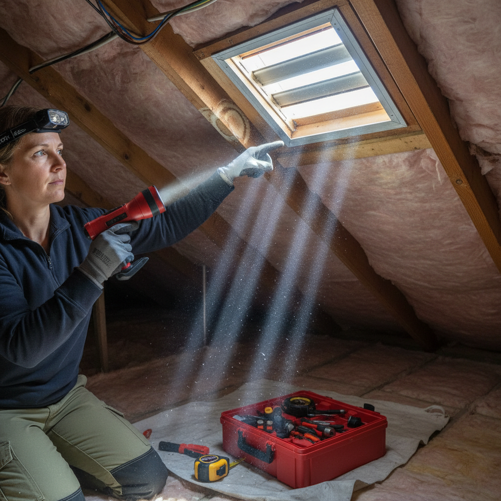 Homeowner in attic with flashlight pointing at water stain on roof rafter