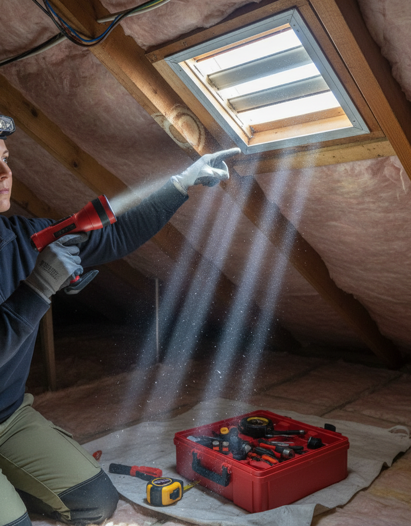Homeowner in attic with flashlight pointing at water stain on roof rafter
