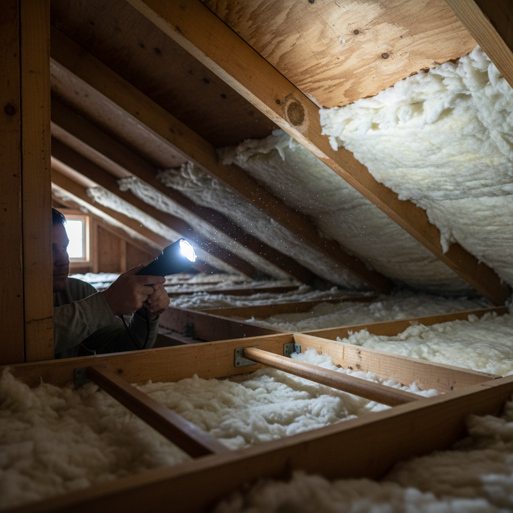 Homeowner using a flashlight to inspect an attic rafter for early signs of a roof leak, showing a subtle water stain.