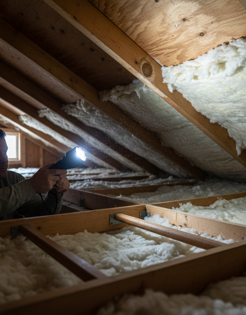Homeowner using a flashlight to inspect an attic rafter for early signs of a roof leak, showing a subtle water stain.