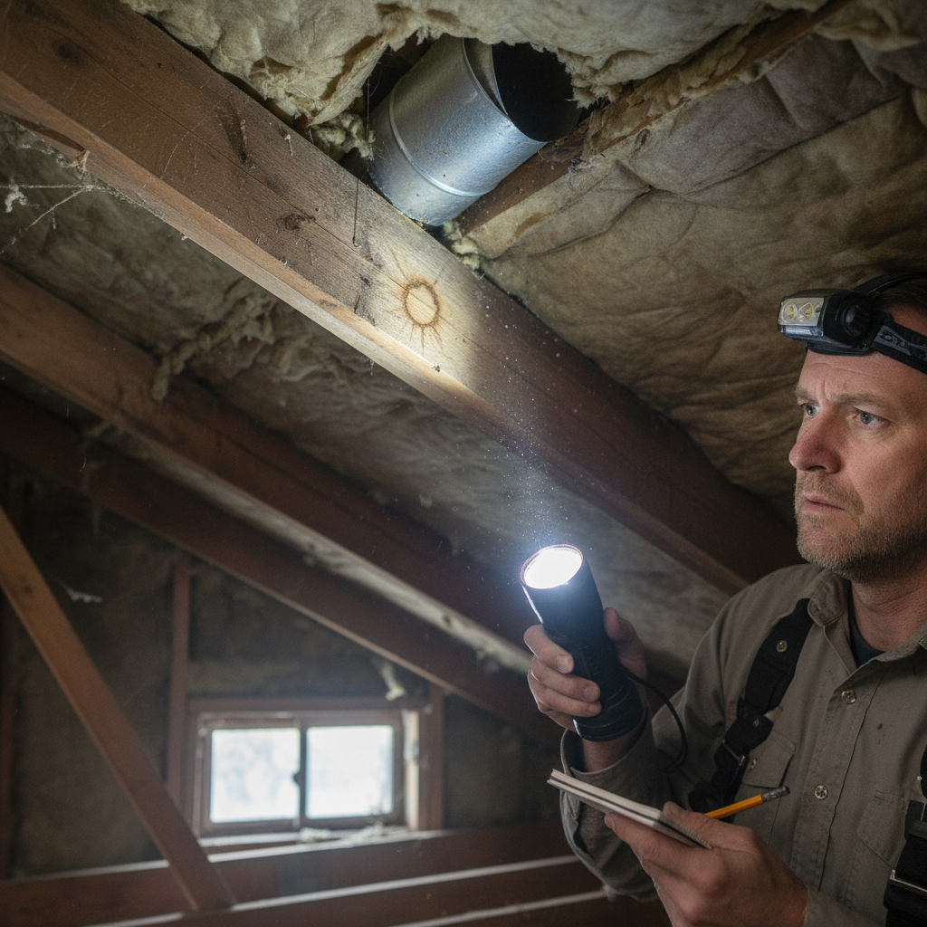 Homeowner shining a flashlight on a water stain in the attic, looking for a roof leak.