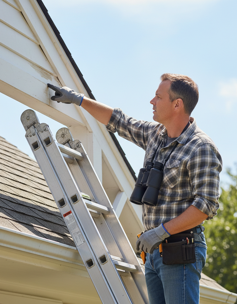 Homeowner on a ladder inspecting fascia for roof leak signs