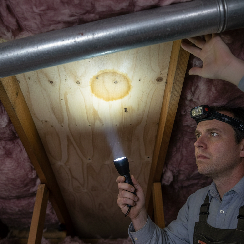 Homeowner inspecting an attic for early signs of a roof leak, shining a flashlight on a water stain.