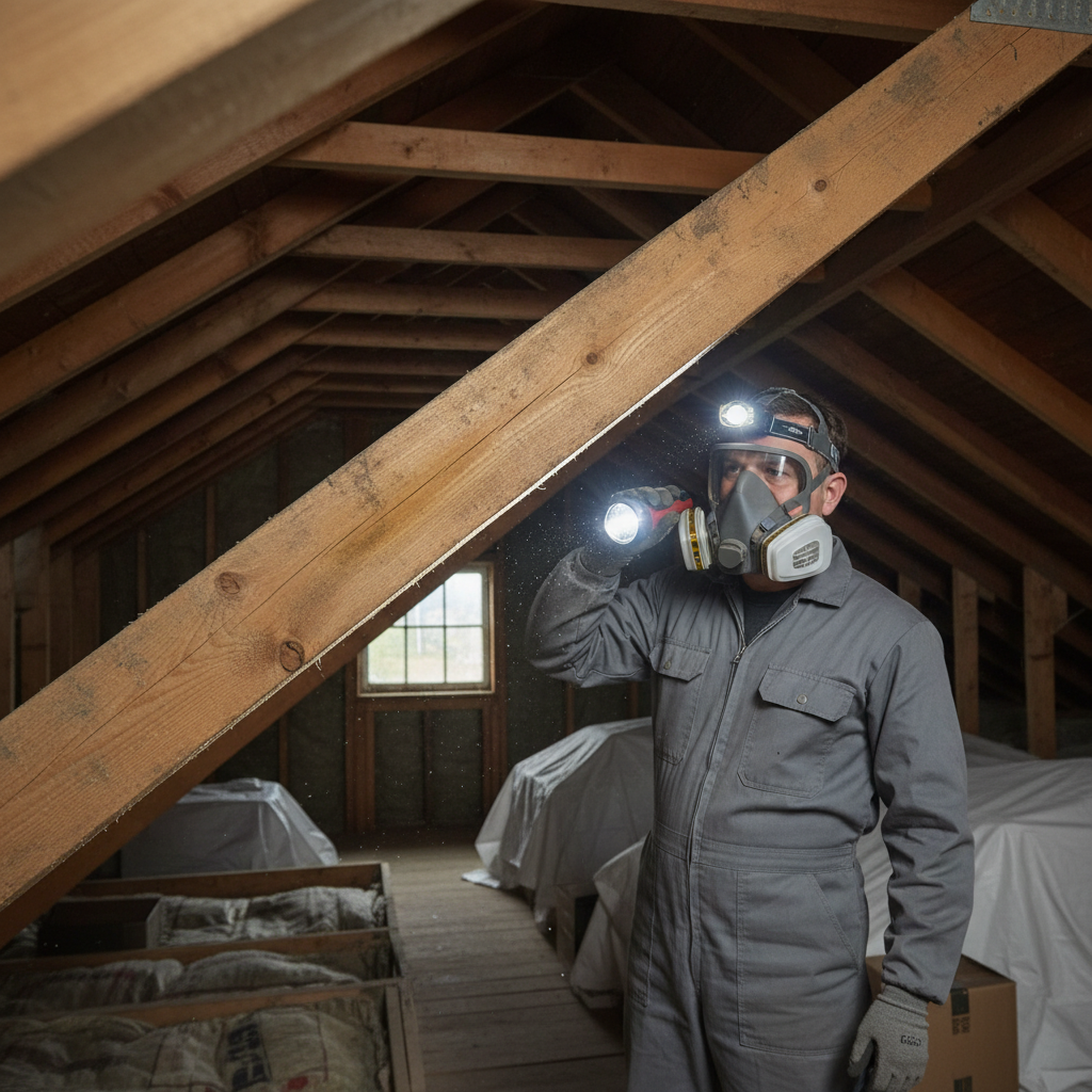 Homeowner in an attic with a headlamp and flashlight, inspecting a roof rafter for subtle water stains to detect an early roof leak.