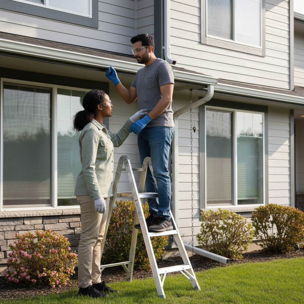 Homeowner on ladder cleaning gutters, another homeowner checking downspout, spring home maintenance.