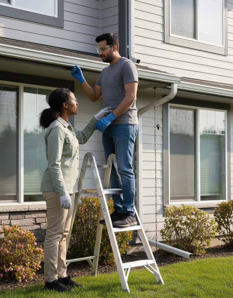 Homeowner on ladder cleaning gutters, another homeowner checking downspout, spring home maintenance. 