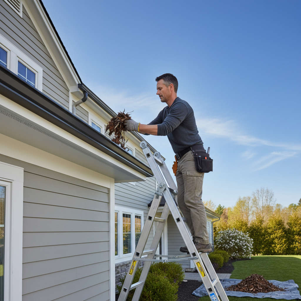 Homeowner cleaning gutters in spring as part of home maintenance checklist.