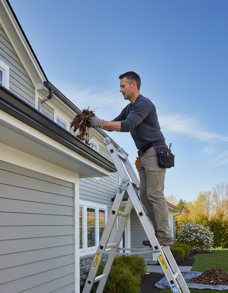 Homeowner cleaning gutters in spring as part of home maintenance checklist.