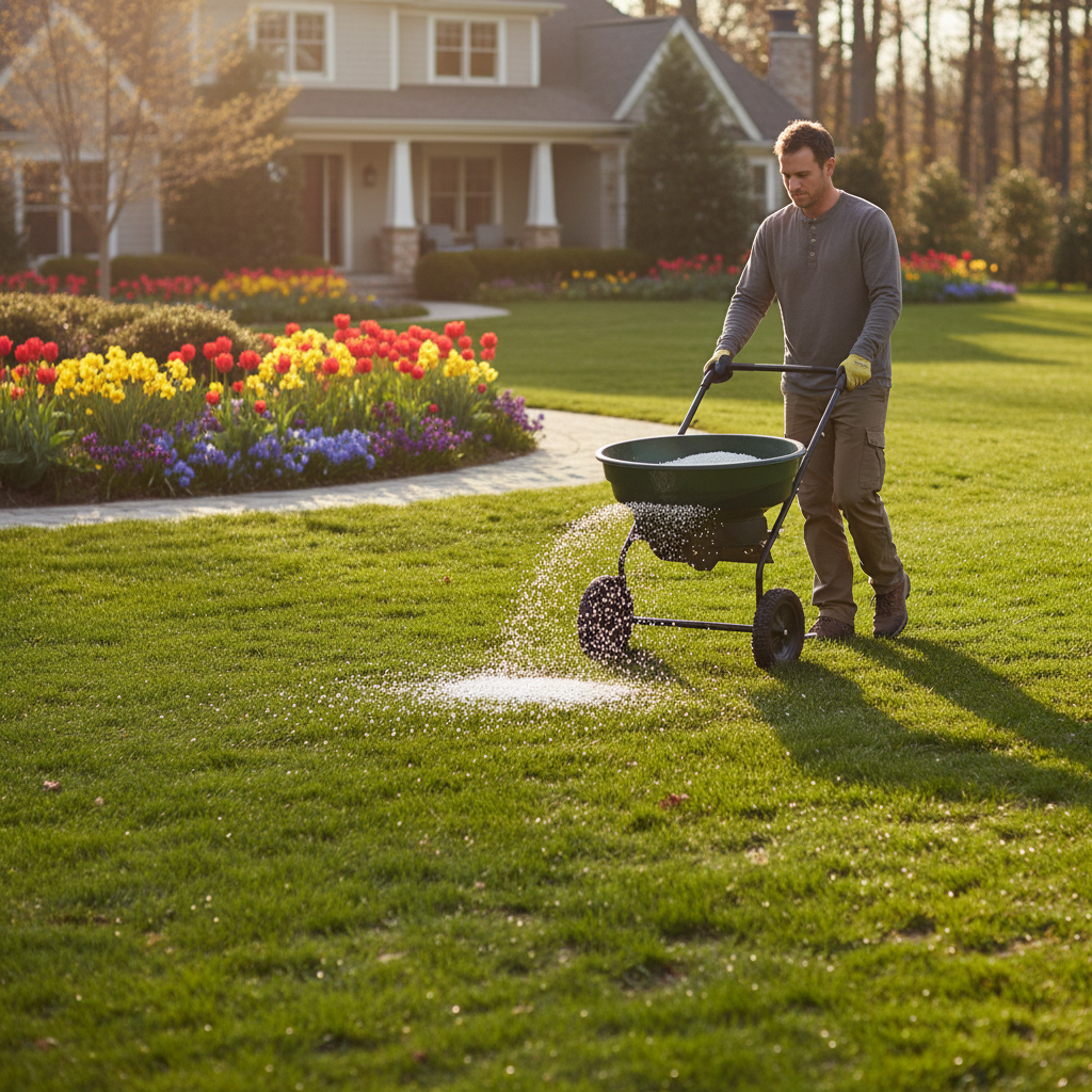 Homeowner using a broadcast spreader to apply pre-emergent to a spring lawn.