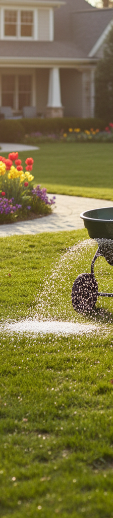 Homeowner using a broadcast spreader to apply pre-emergent to a spring lawn.