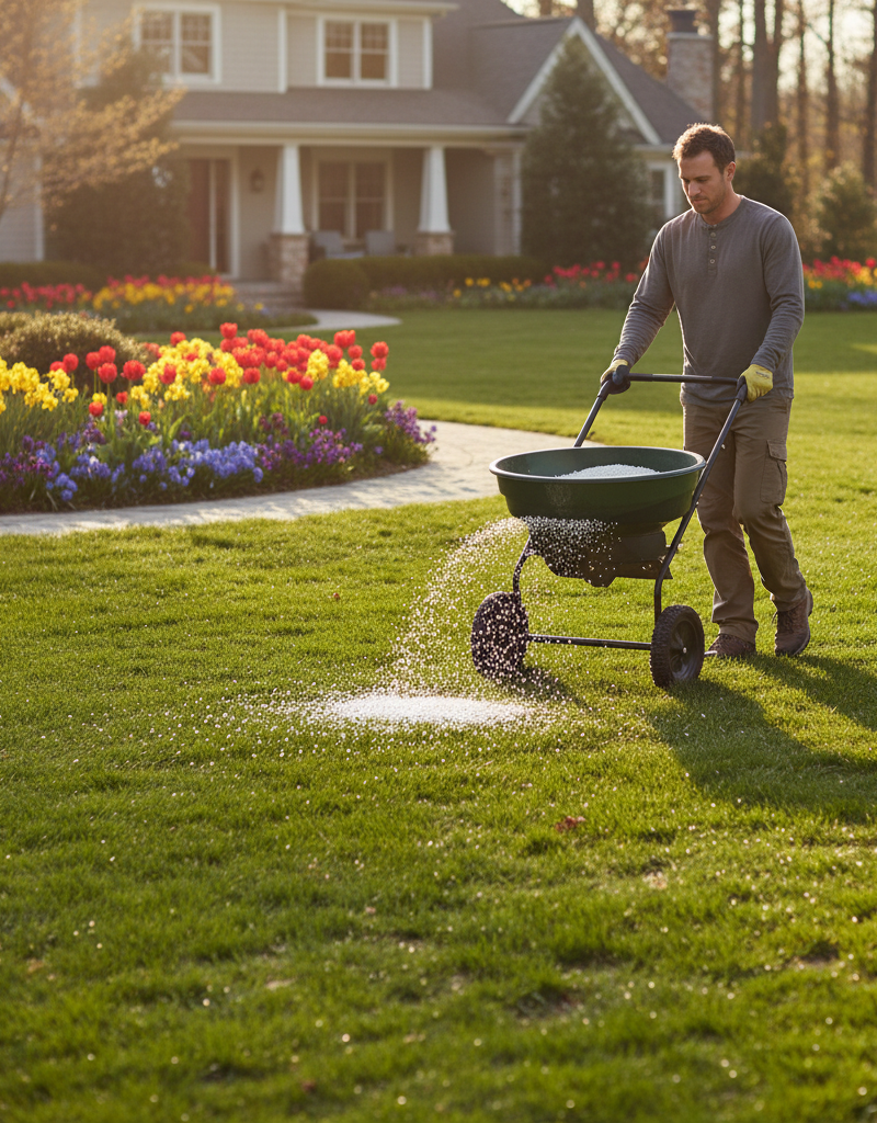 Homeowner using a broadcast spreader to apply pre-emergent to a spring lawn.