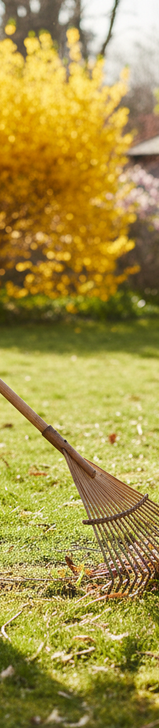Homeowner gently raking leaves off a lawn in early spring, signifying careful yard preparation.