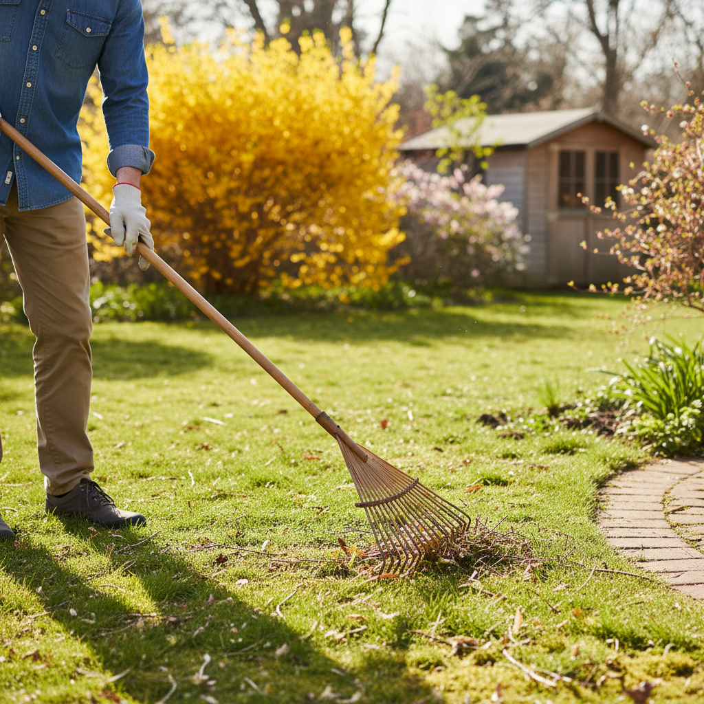 Homeowner gently raking leaves off a lawn in early spring, signifying careful yard preparation.
