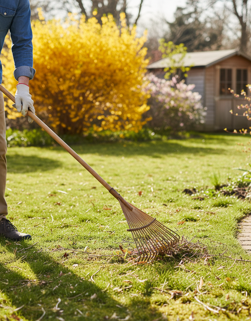 Homeowner gently raking leaves off a lawn in early spring, signifying careful yard preparation.