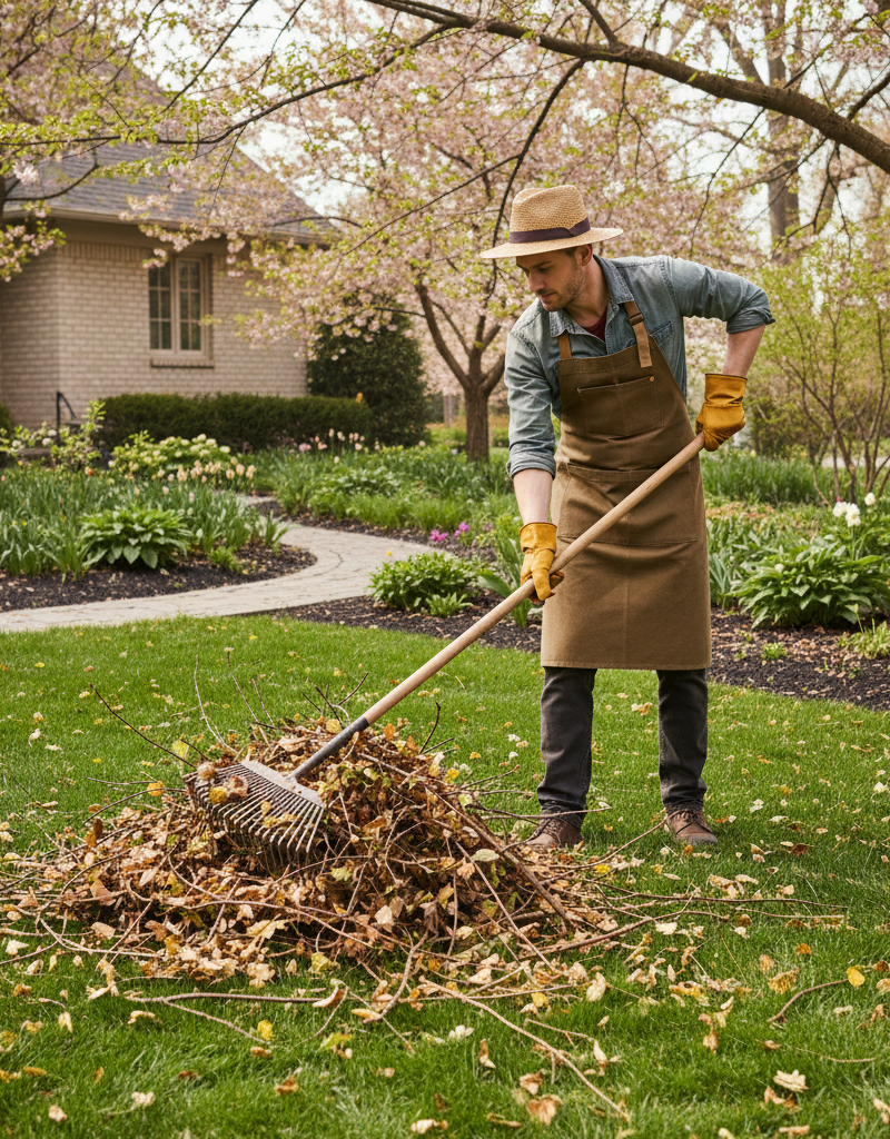 Homeowner raking leaves in a clean spring yard