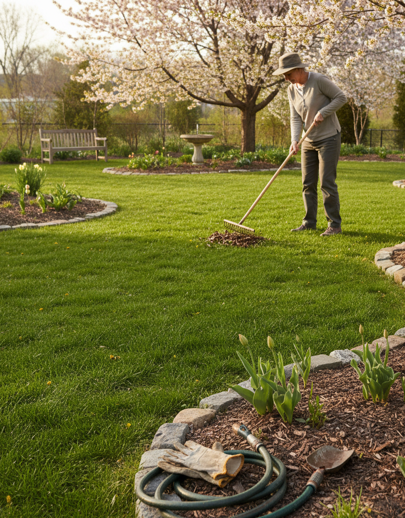 Homeowner raking leaves from a healthy green lawn in early spring, preparing for garden growth.