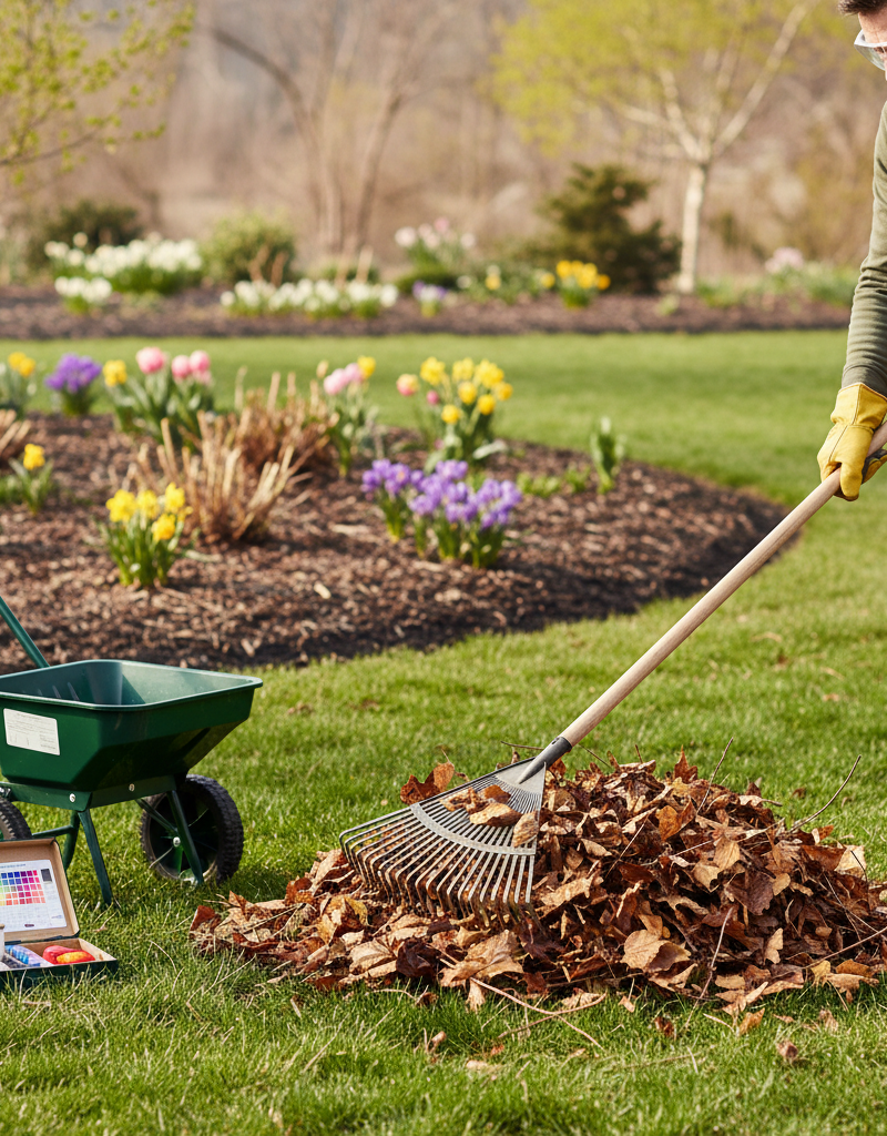 Homeowner raking leaves and debris from a lawn in early spring as part of yard preparation.