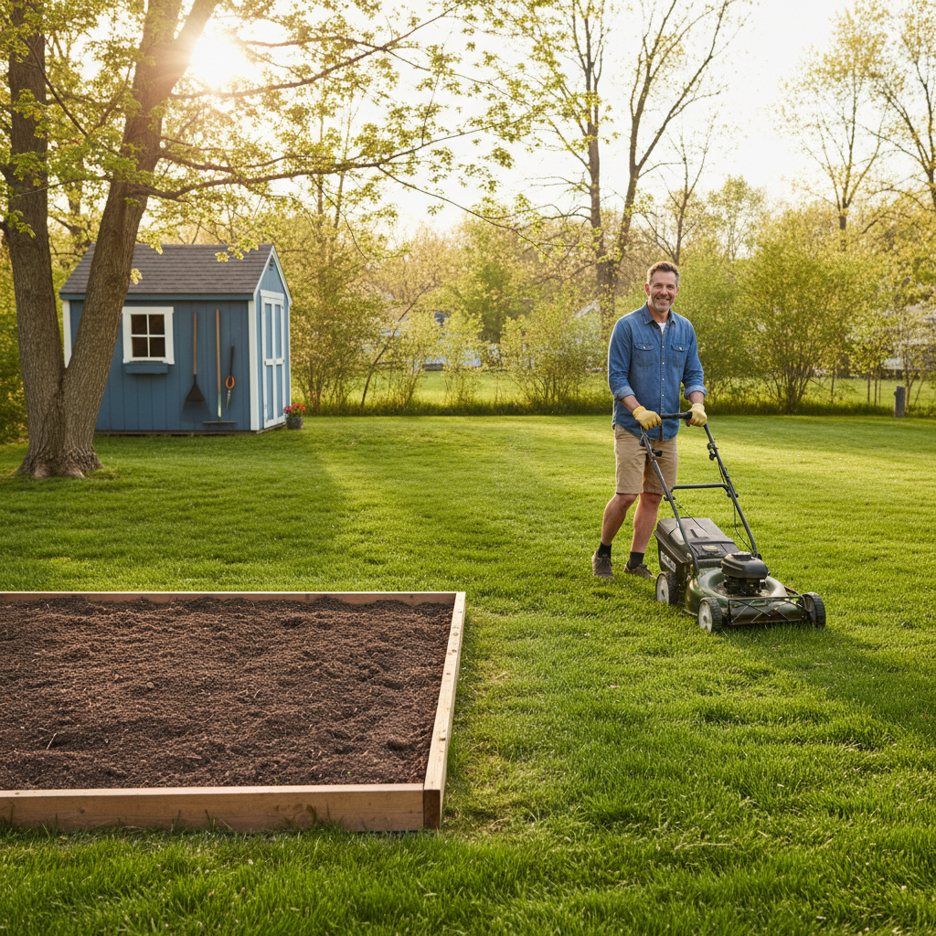 A perfectly manicured, lush green lawn in early spring, signifying minimal effort due to effective fall yard preparation.
