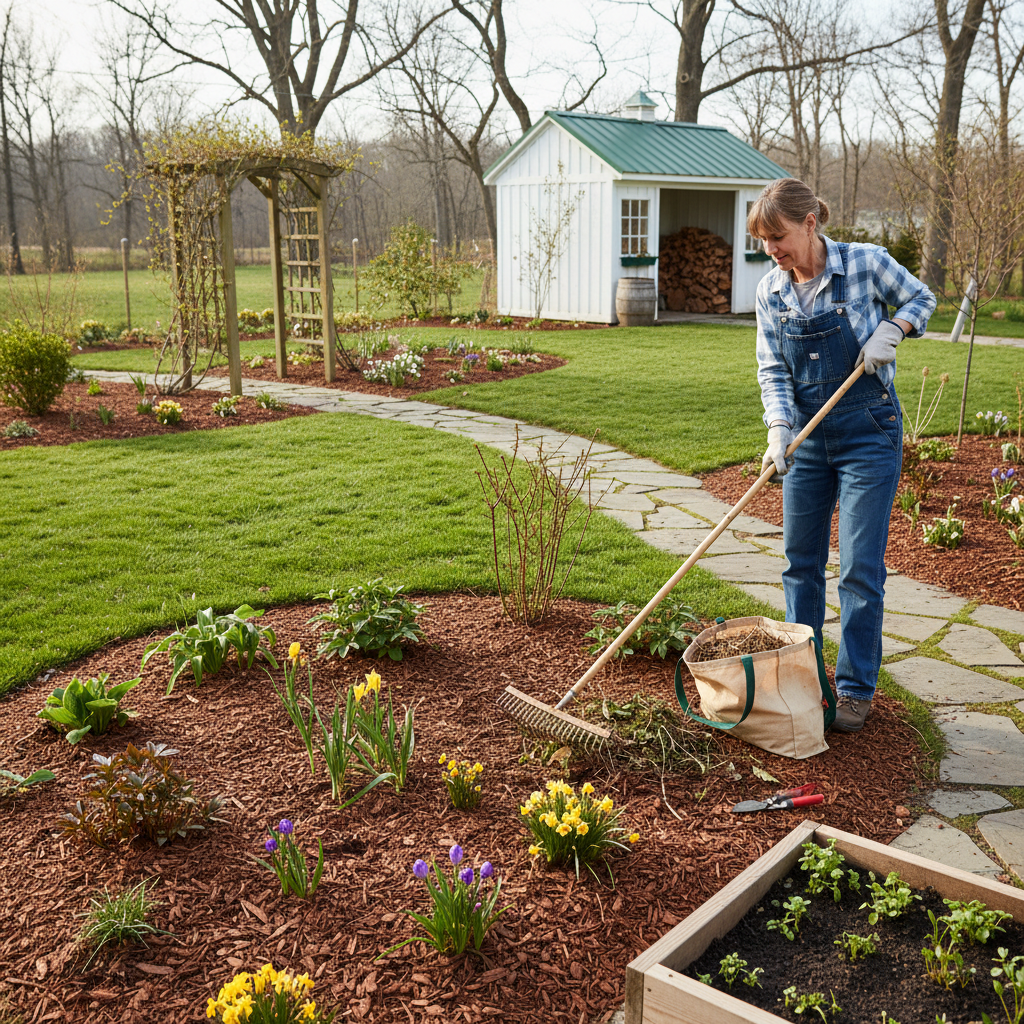 Homeowner gently raking leaves off a spring lawn with newly mulched garden beds