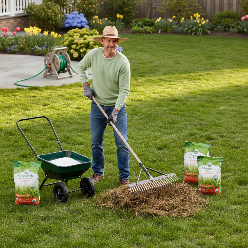 Homeowner performing spring yard preparation, raking debris from a healthy green lawn.