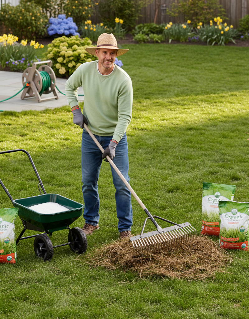 Homeowner performing spring yard preparation, raking debris from a healthy green lawn.