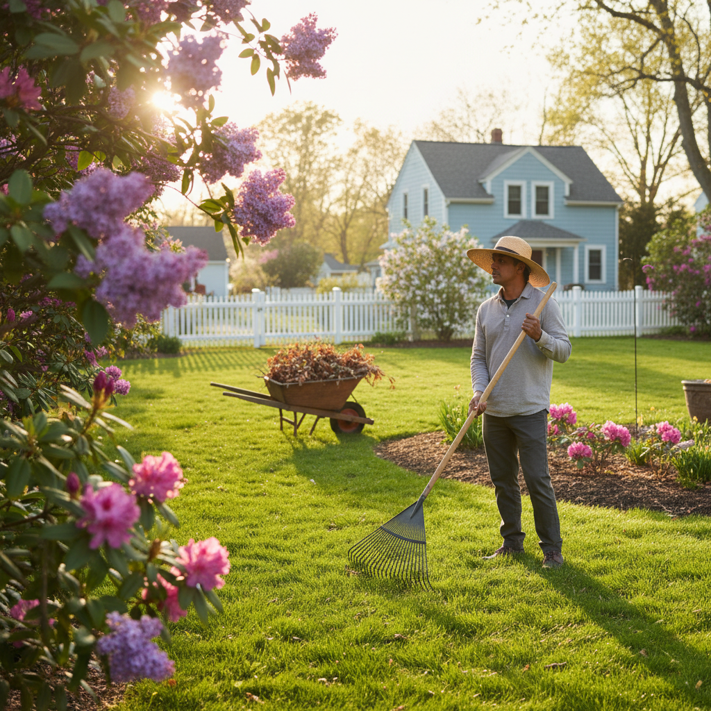 Homeowner raking leaves in a beautifully prepared spring yard