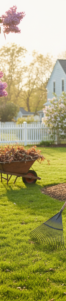 Homeowner raking leaves in a beautifully prepared spring yard