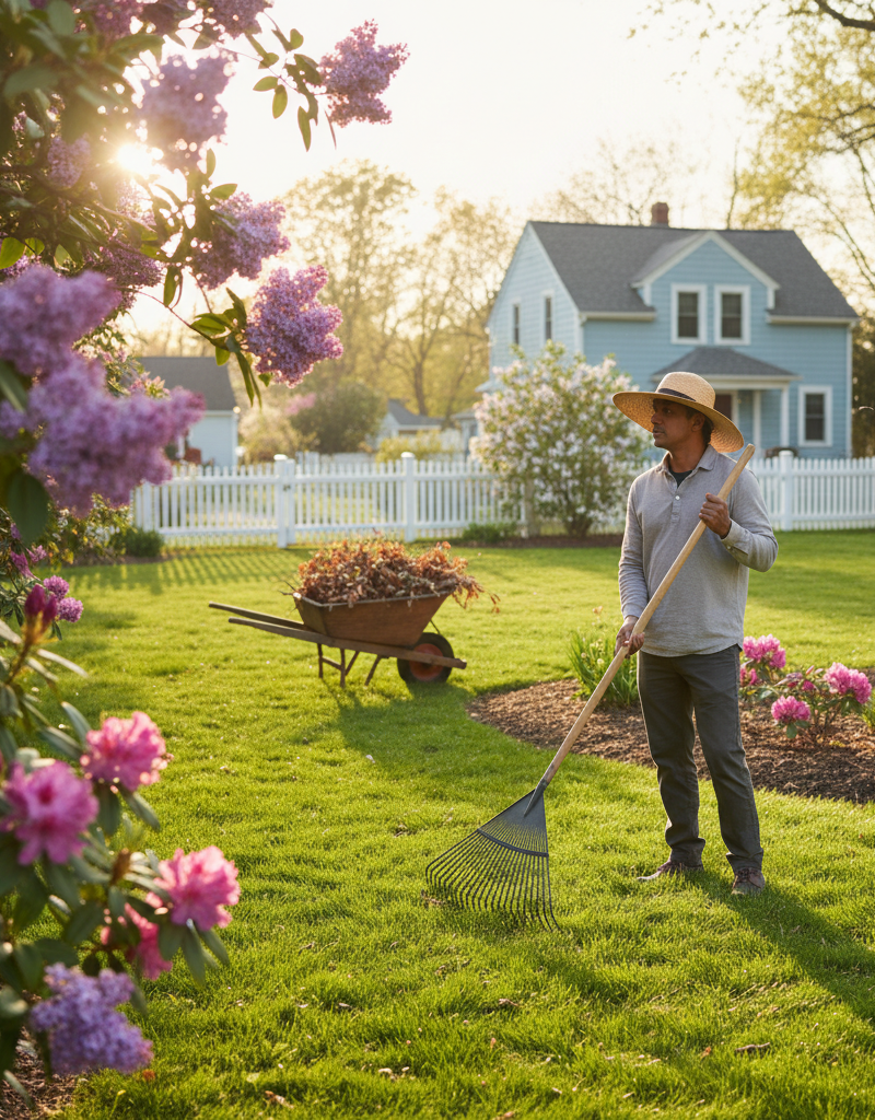Homeowner raking leaves in a beautifully prepared spring yard