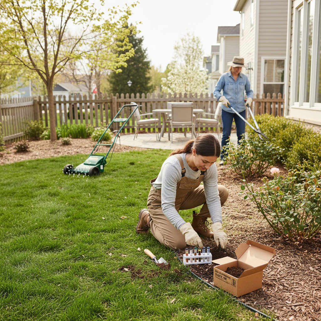 Homeowner testing soil, pruning shrubs, and aerating lawn for spring yard preparation.