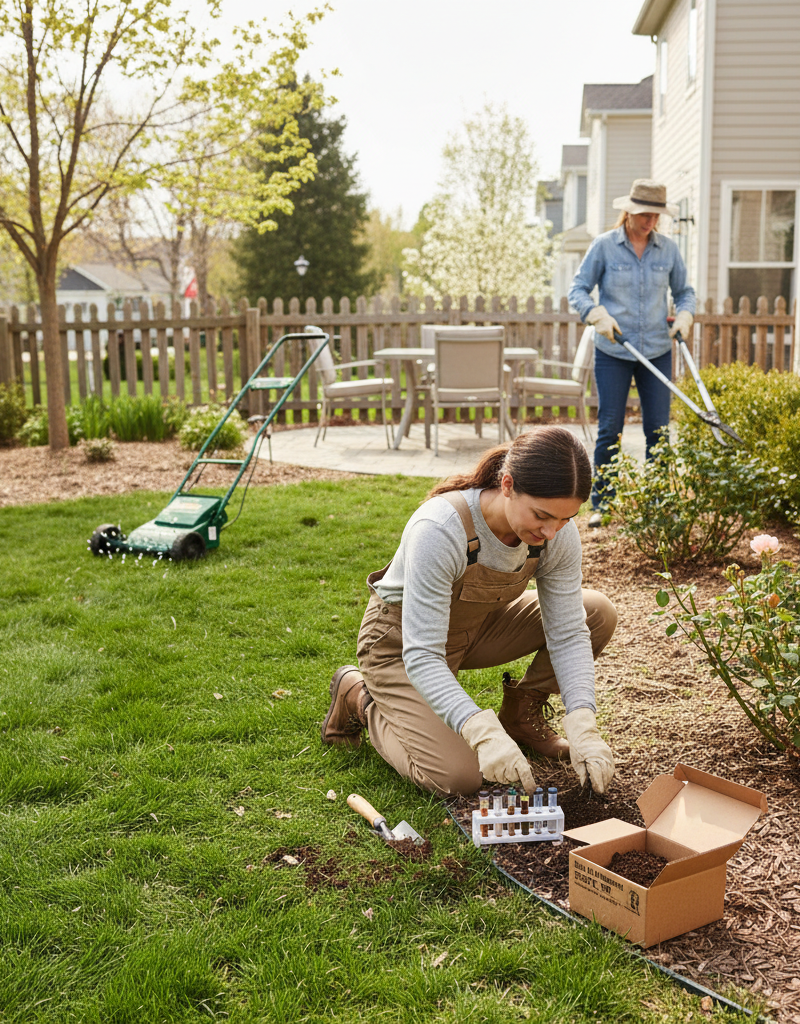Homeowner testing soil, pruning shrubs, and aerating lawn for spring yard preparation.