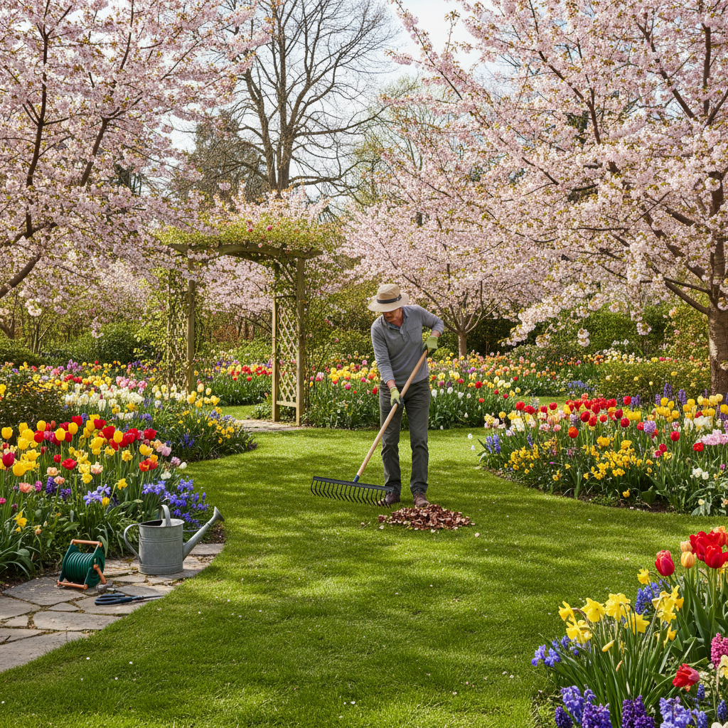 Homeowner raking leaves in a vibrant spring garden with blooming flowers and fresh green grass.