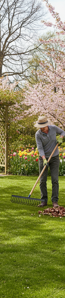 Homeowner raking leaves in a vibrant spring garden with blooming flowers and fresh green grass.