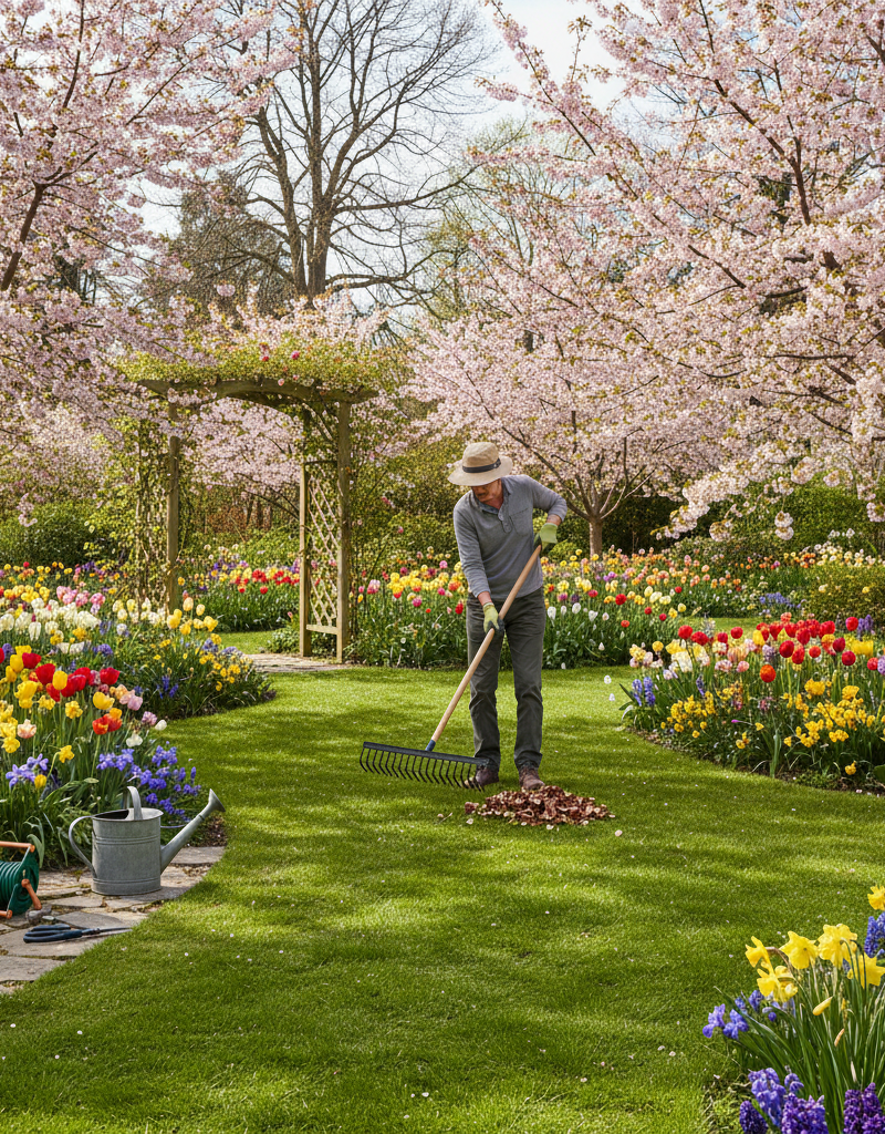Homeowner raking leaves in a vibrant spring garden with blooming flowers and fresh green grass.