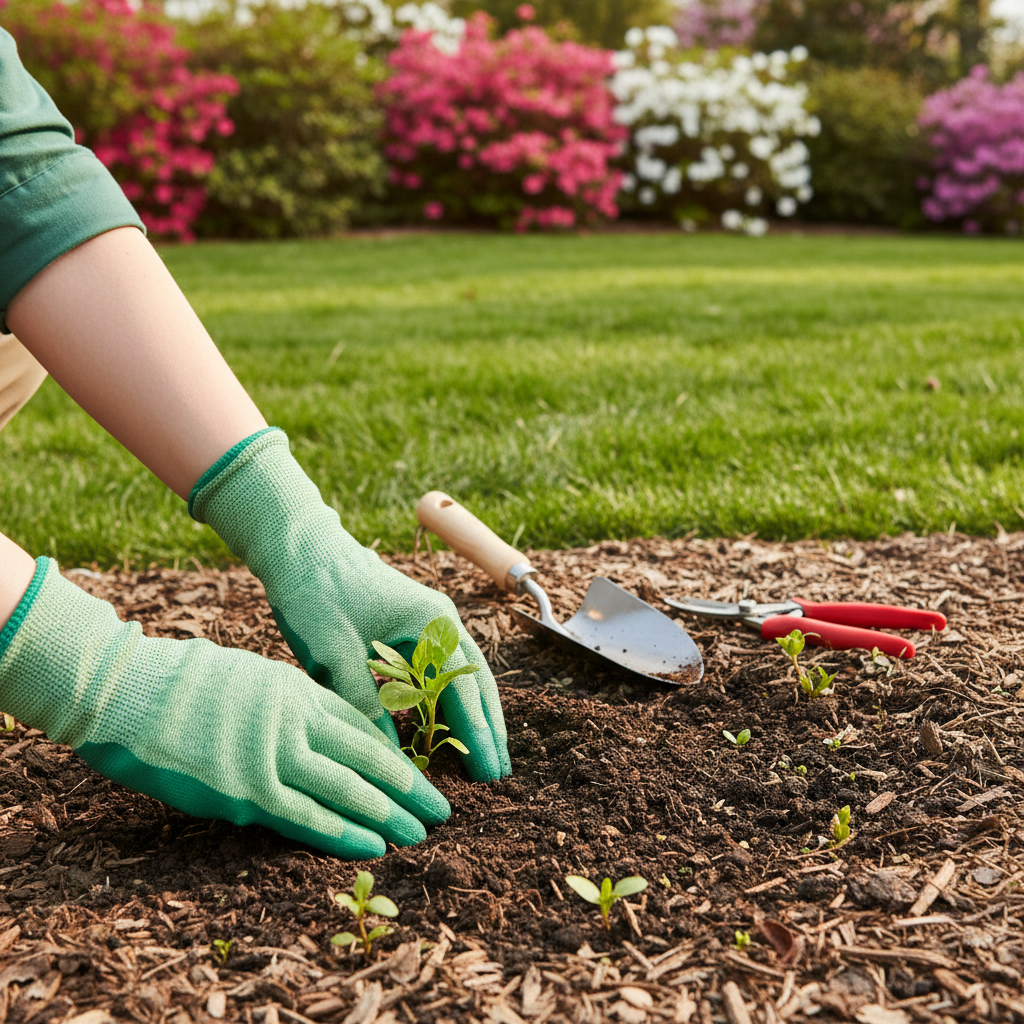 Homeowner tending to spring garden bed, illustrating proper spring yard preparation and healthy soil.