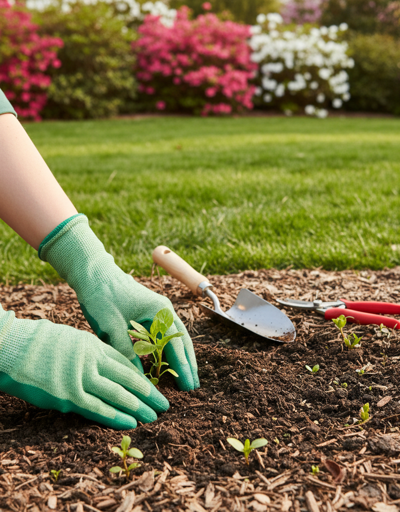 Homeowner tending to spring garden bed, illustrating proper spring yard preparation and healthy soil.