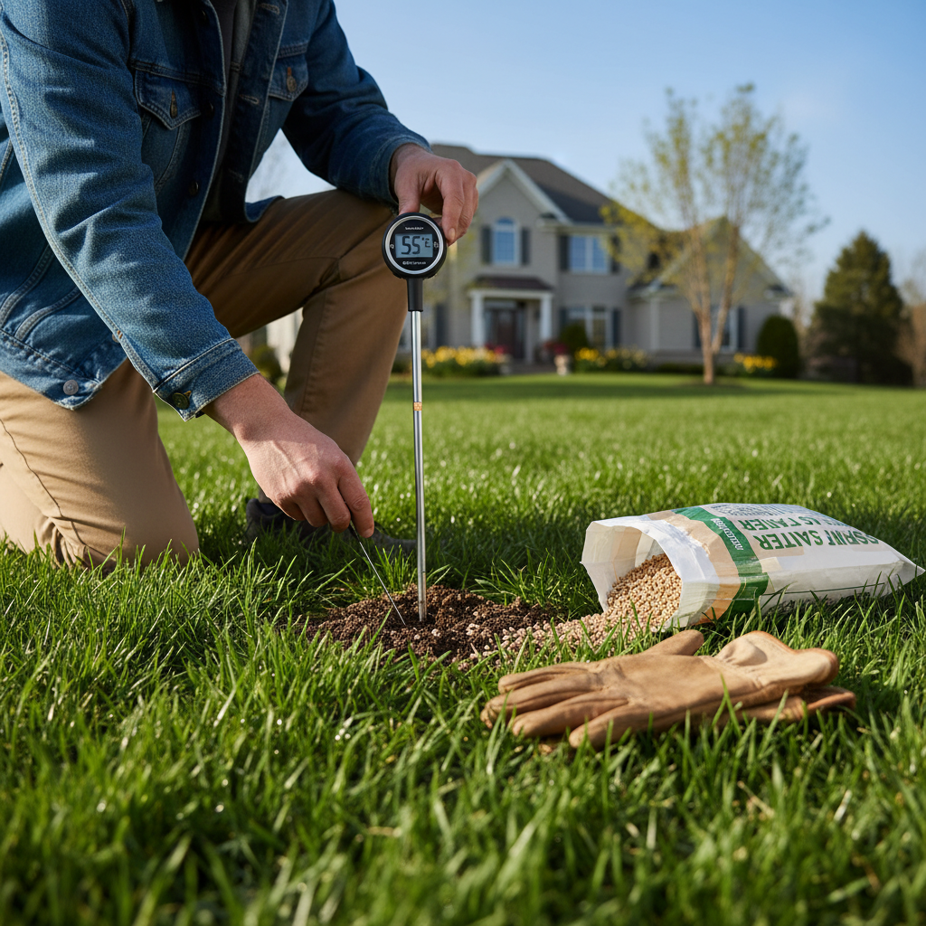 Homeowner testing soil temperature in a green spring lawn with a thermometer, next to gardening tools.