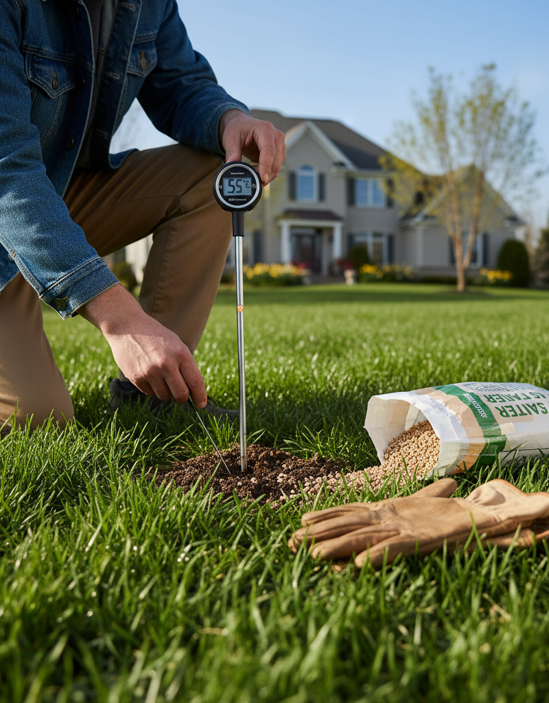 Homeowner testing soil temperature in a green spring lawn with a thermometer, next to gardening tools.