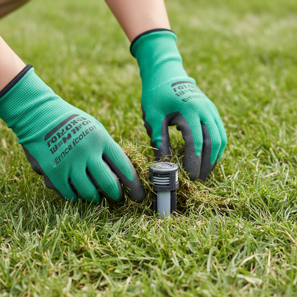 Homeowner clearing grass clippings from a pop-up sprinkler head on a green lawn.