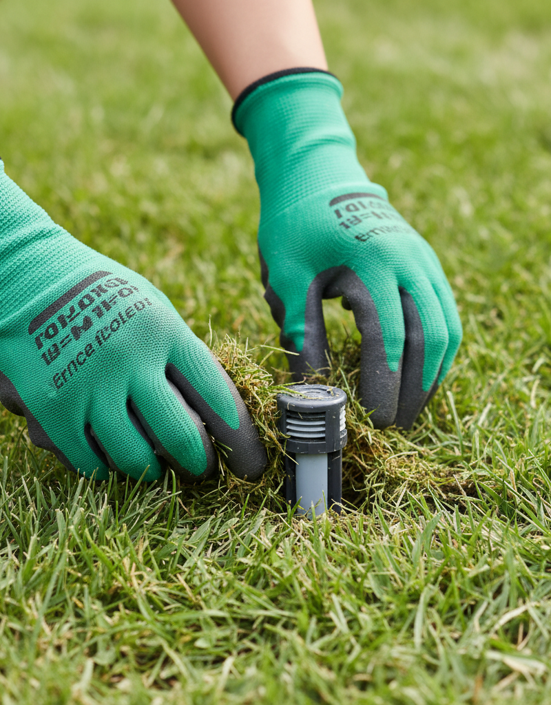 Homeowner clearing grass clippings from a pop-up sprinkler head on a green lawn.