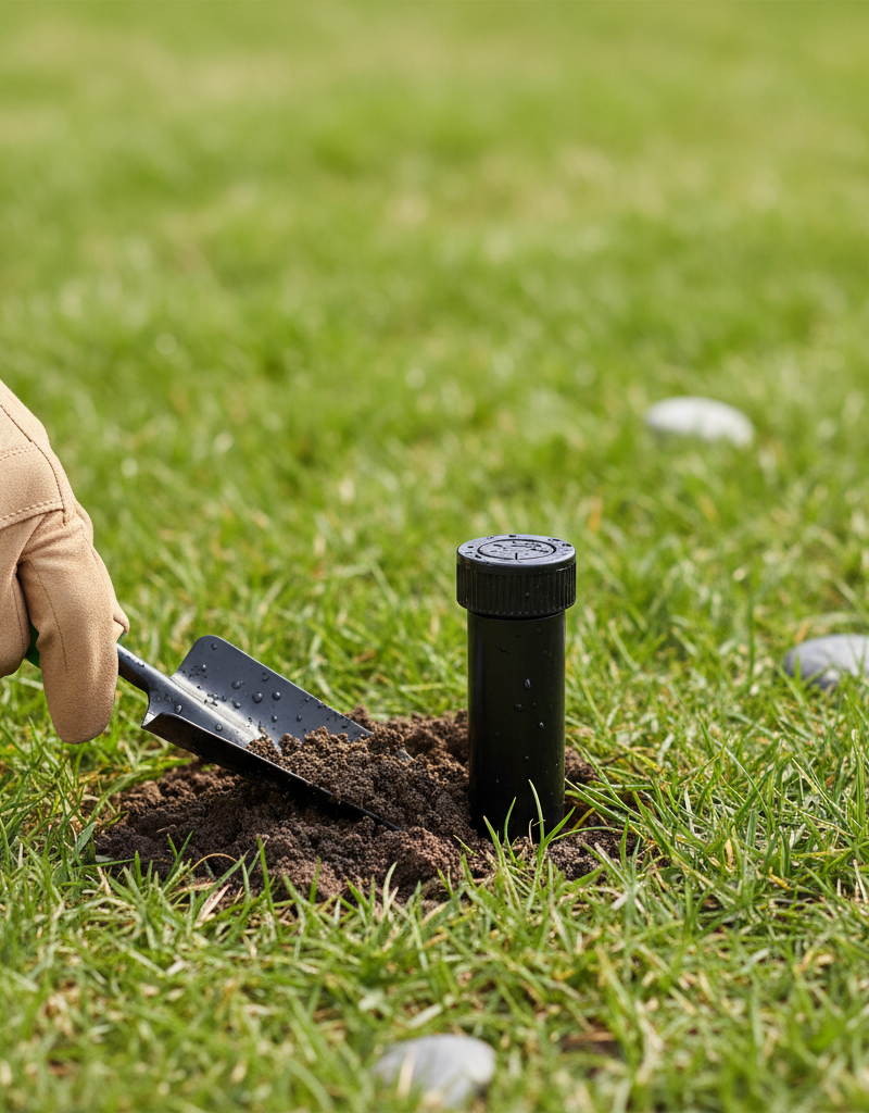 Homeowner clearing dirt around a pop-up sprinkler head.